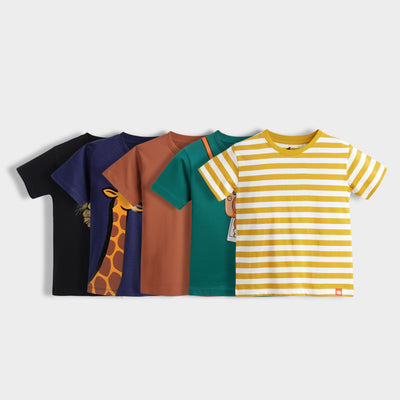 5 Pack Half Sleeves Unisex T-Shirts | Fearless Lion, Sporty Giraffe, Brown, Mini Camera, Yellow Stripes