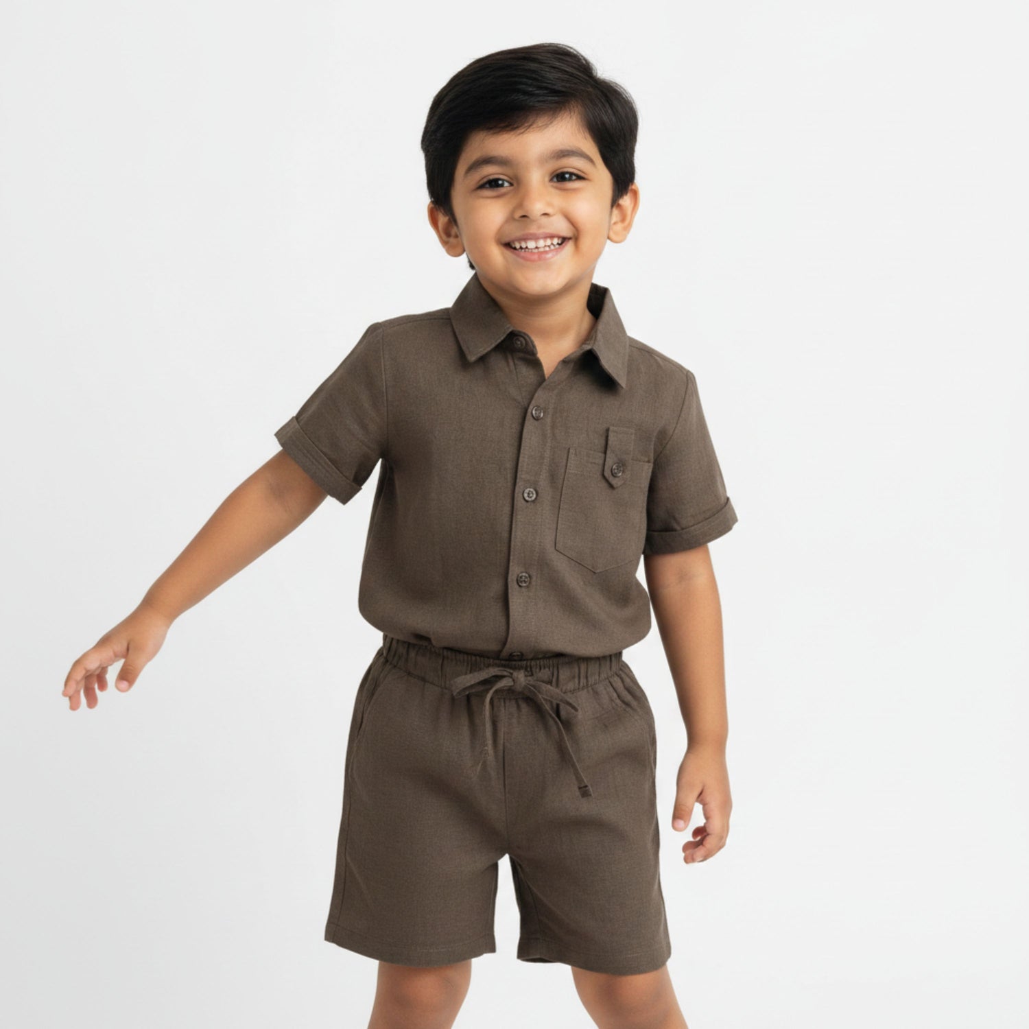 Half Sleeves Unisex Cotton Linen Shirt & Shorts Co-ord Set | Olive earth
