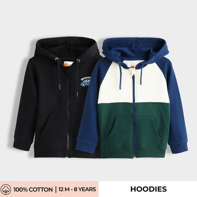 2 Pack Winter Hoodies | Little Cars, Color Block Green