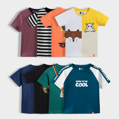 8 Pack Half Sleeves Unisex T-Shirts | Dusty Pink, Black Stripes, Dj Teddy, Half And Half, Royal Blue, Fearless Lion, Mini Camera, I Am Cool