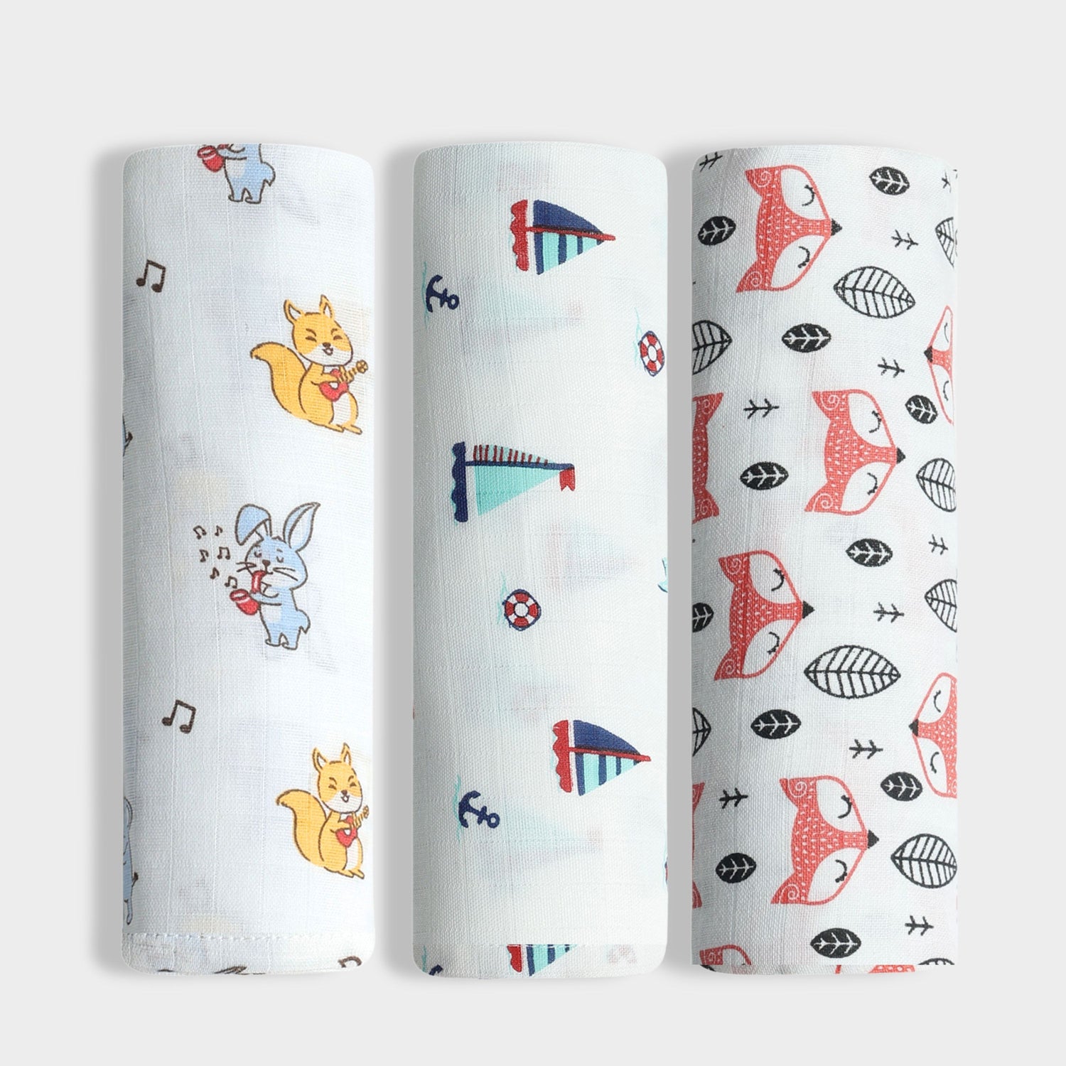 3 Pack Muslin Swaddle | Jungle Jingles, Fox, Little Sailor