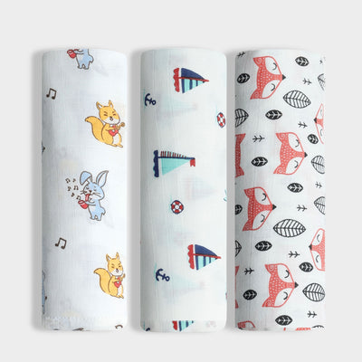 3 Pack Muslin Swaddle | Jungle Jingles, Fox, Little Sailor