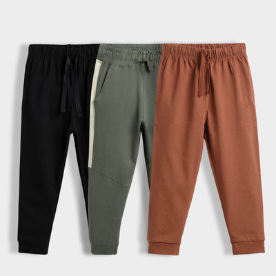 3 Pcs Cotton Joggers | Black, Colour Block Olive, Brown