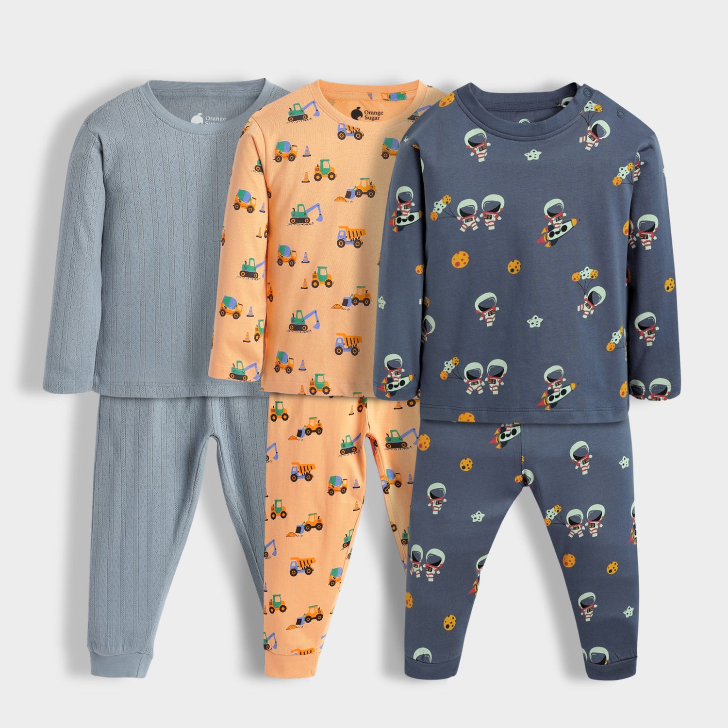 3 Pack Full Sleeves Unisex Co-ord Set | Pointelle Grey, JCB, Space