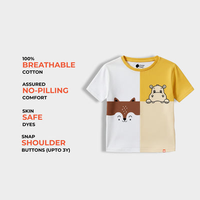 Children's t-shirt with animal designs on a white background, featuring text about fabric properties.