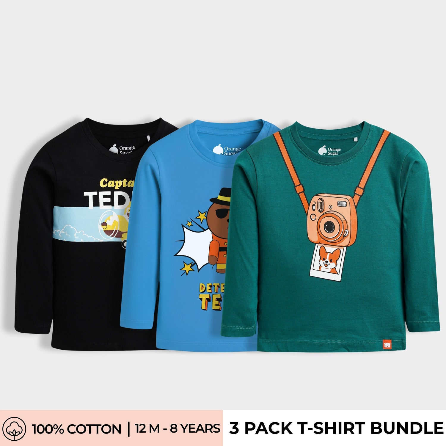 3 Pack Full Sleeves Unisex T-Shirts | Teddy, Detective Teddy, Camera