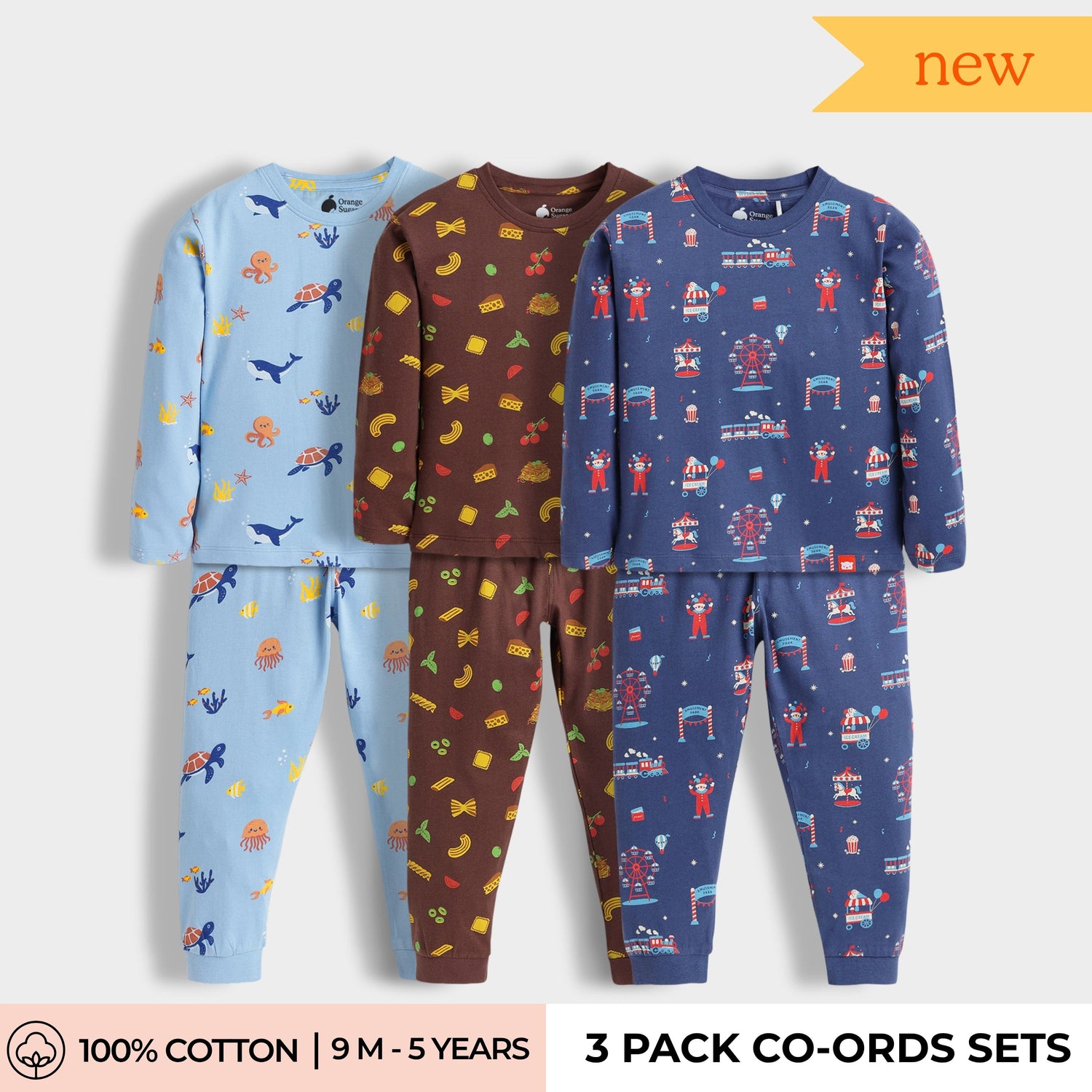 3 Pack Full Sleeves Unisex Co-ord Set | Aqua World, Pasta, Carnival