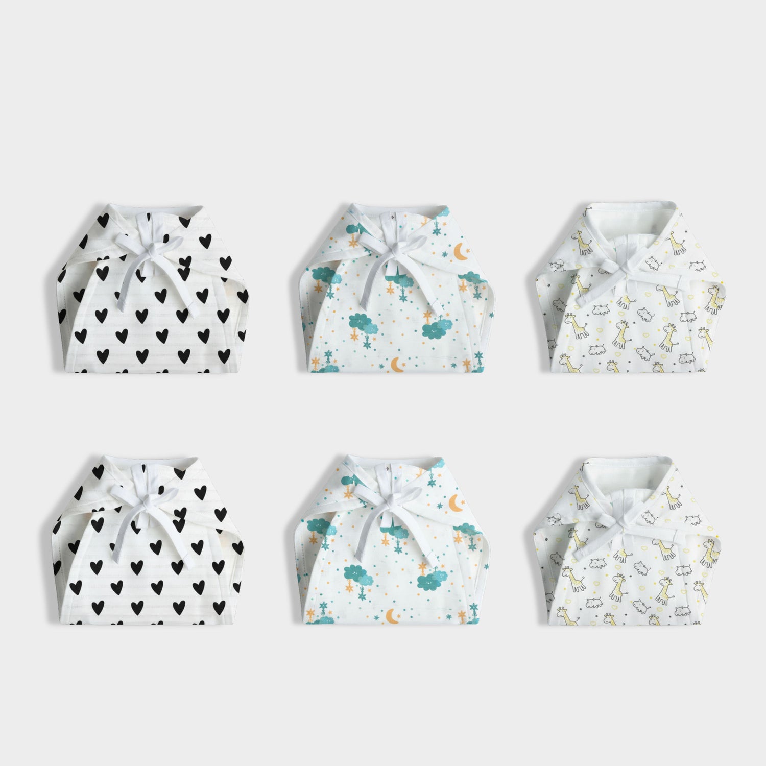6 Pack Muslin Nappies | Black Heart, Half Moon, Jolly Giraffe