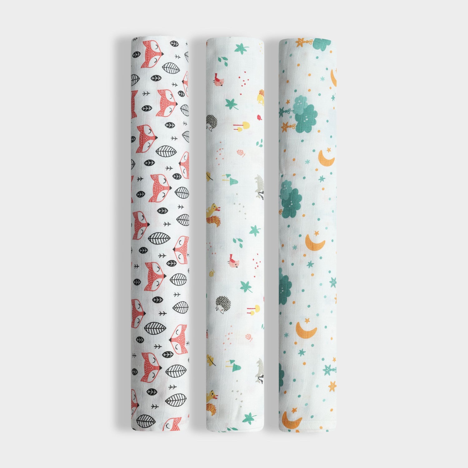 3 Pack Muslin Swaddle | Fox, Spikey, Half Moon