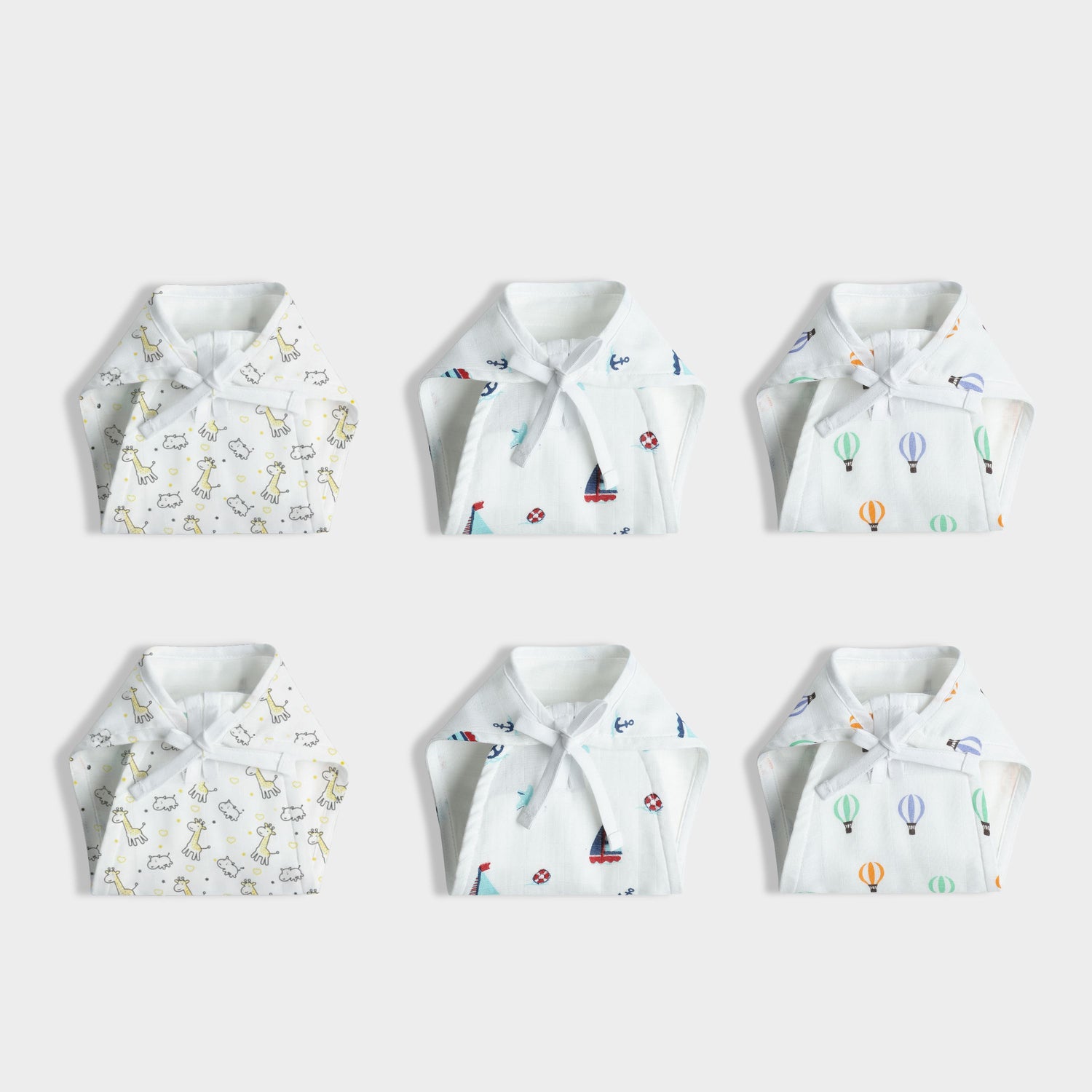 6 Pack Muslin Nappies | Jolly Giraffe, Little Sailor, Balloon Ride
