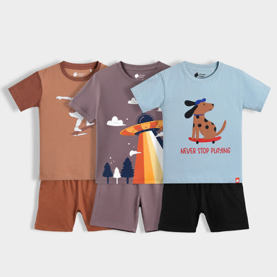 3 Pack T-Shirt & Shorts Unisex Co-ord Set | Ride And Roll, UFO Adventure, Pup Ride