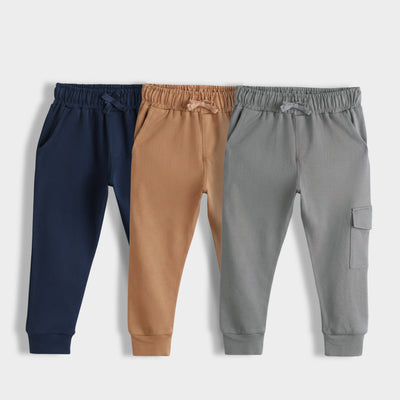 3 Pcs Interlock Joggers | Royal Blue, Light Brown, Grey