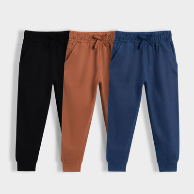 3 Pcs Cotton Joggers | Black, Brown, Blue