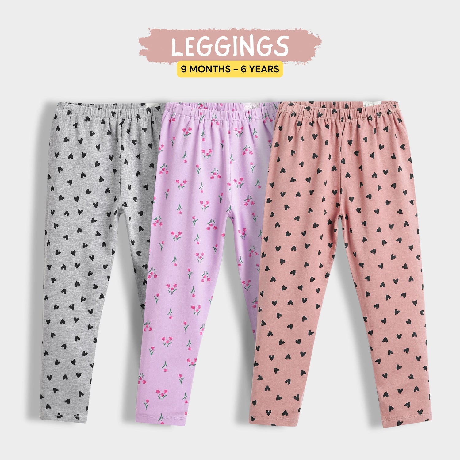3 Pcs Leggings | Grey Hearts, Light Lavender Tulips, Coral Pink Hearts