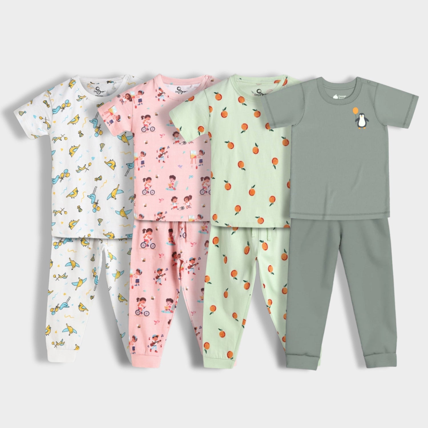 4 Pack Half Sleeves Unisex Co-ord Set | Orange Bliss, Garden, Bird & Penguin Float