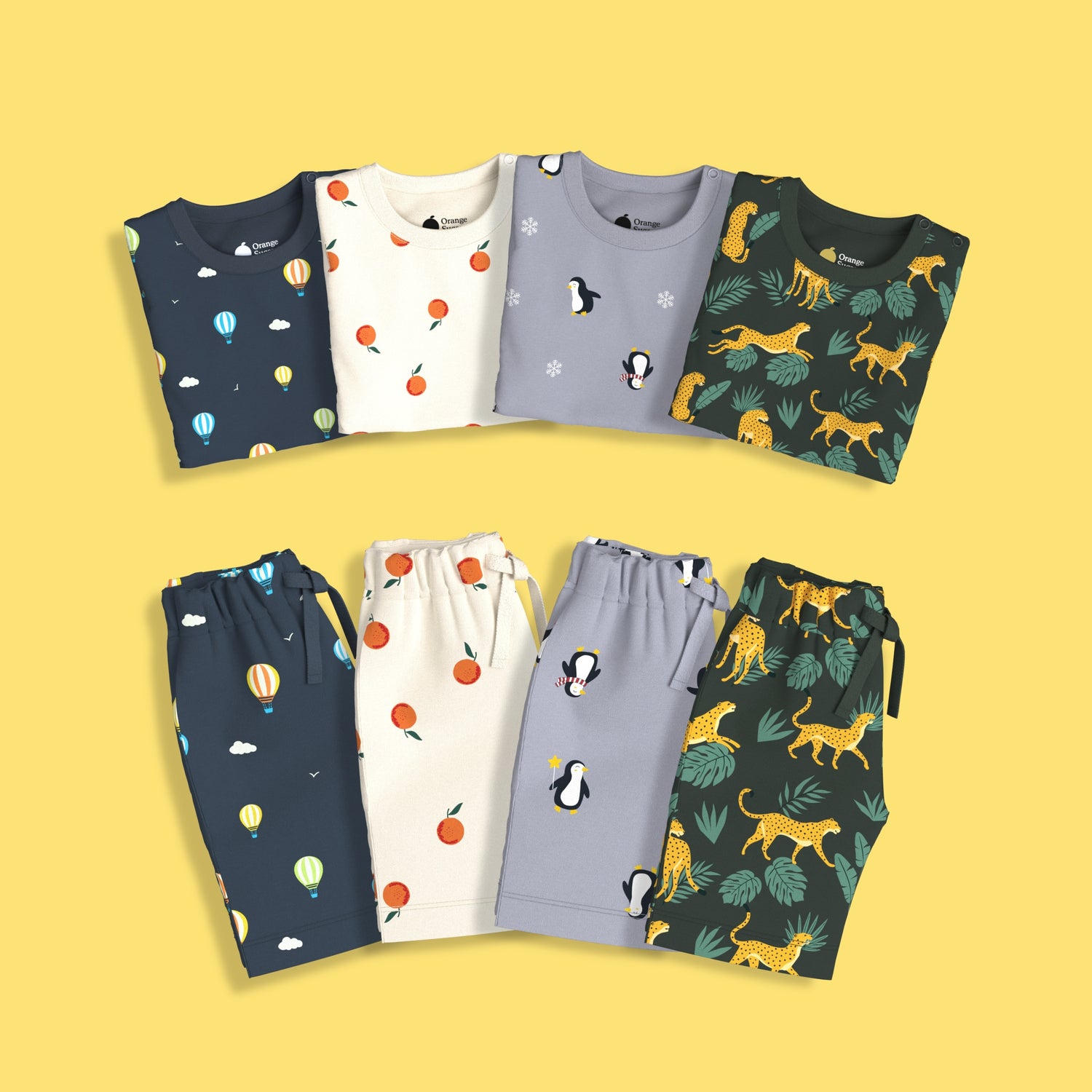 4 Pack T-Shirt & Shorts Unisex Co-ord Set | Cheetah, Hot Air, Oranges & Penguin