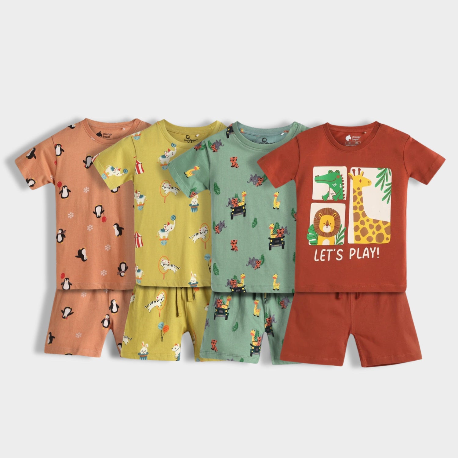 4 Pack T-Shirt & Shorts Unisex Co-ord Set | Penguin Chill, Circus, Jungle, Zoo