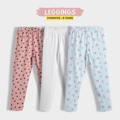3 Pcs Leggings | Coral Pink Hearts, White, Skyblue Tulips