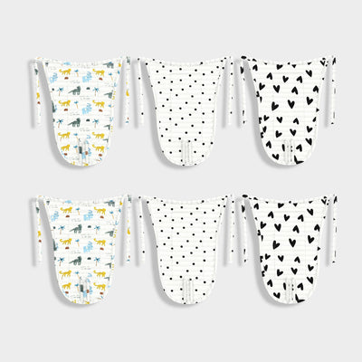 6 Pack Muslin Nappies | Zoo, Black Dots, Black Heart