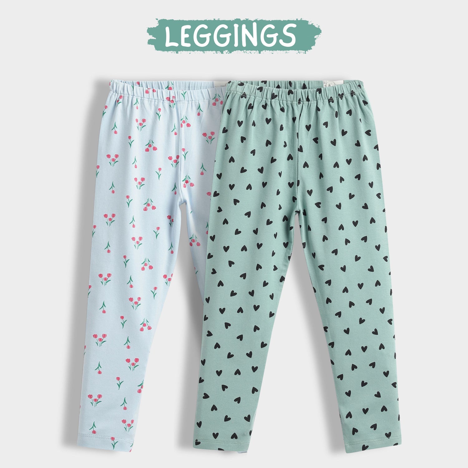 2 Pcs Leggings | Coastal Green Hearts, Skyblue Tulips