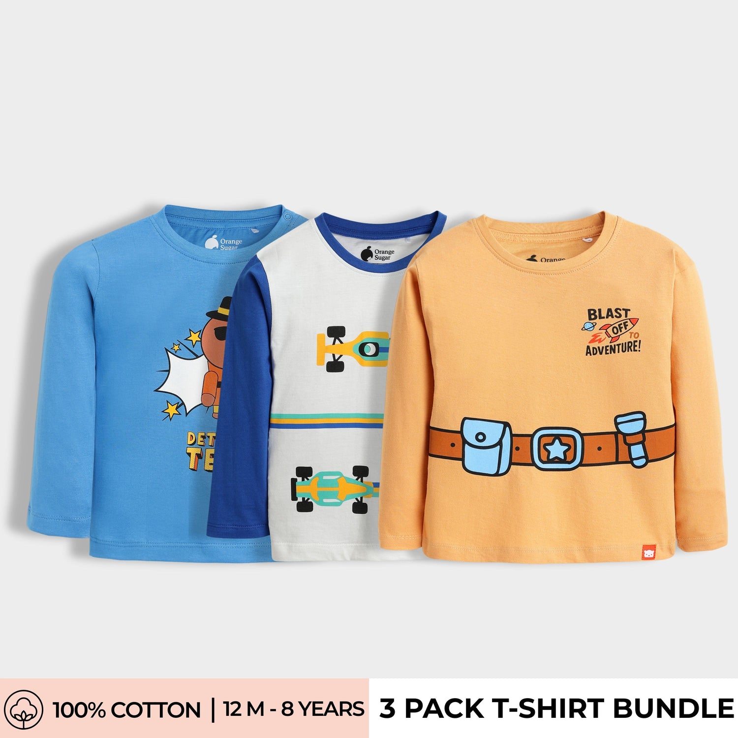 3 Pack Full Sleeves Unisex T-Shirts | Detective Teddy, Racing, Space Ship