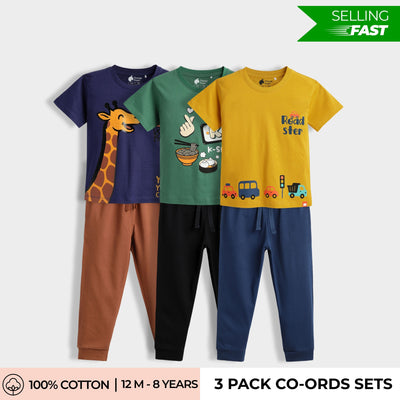 3 Pack Half Sleeves Unisex T-Shirt & Joggers Set | Sporty Giraffe, Korea, Road Trip