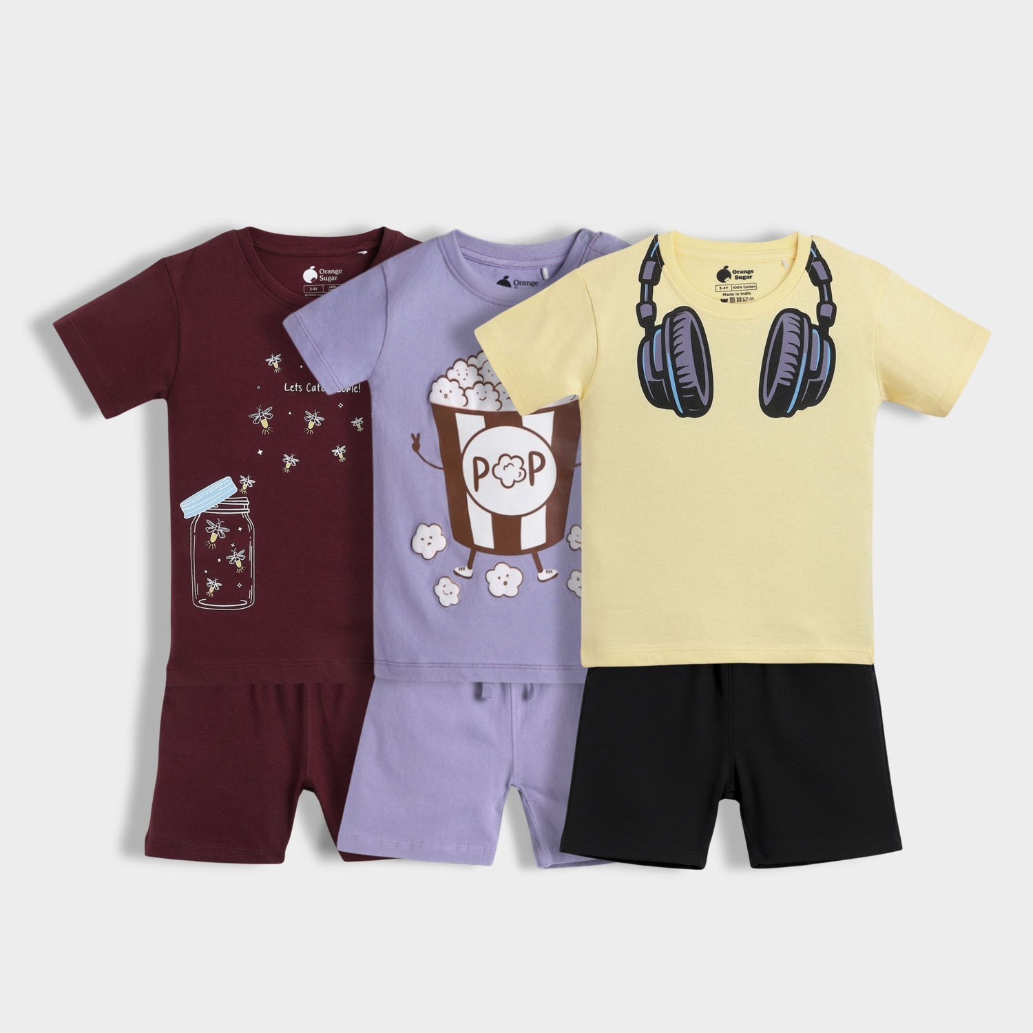 3 Pack T-Shirt & Shorts Unisex Co-ord Set | Firefly Magic, Popcorn, Music Buddy