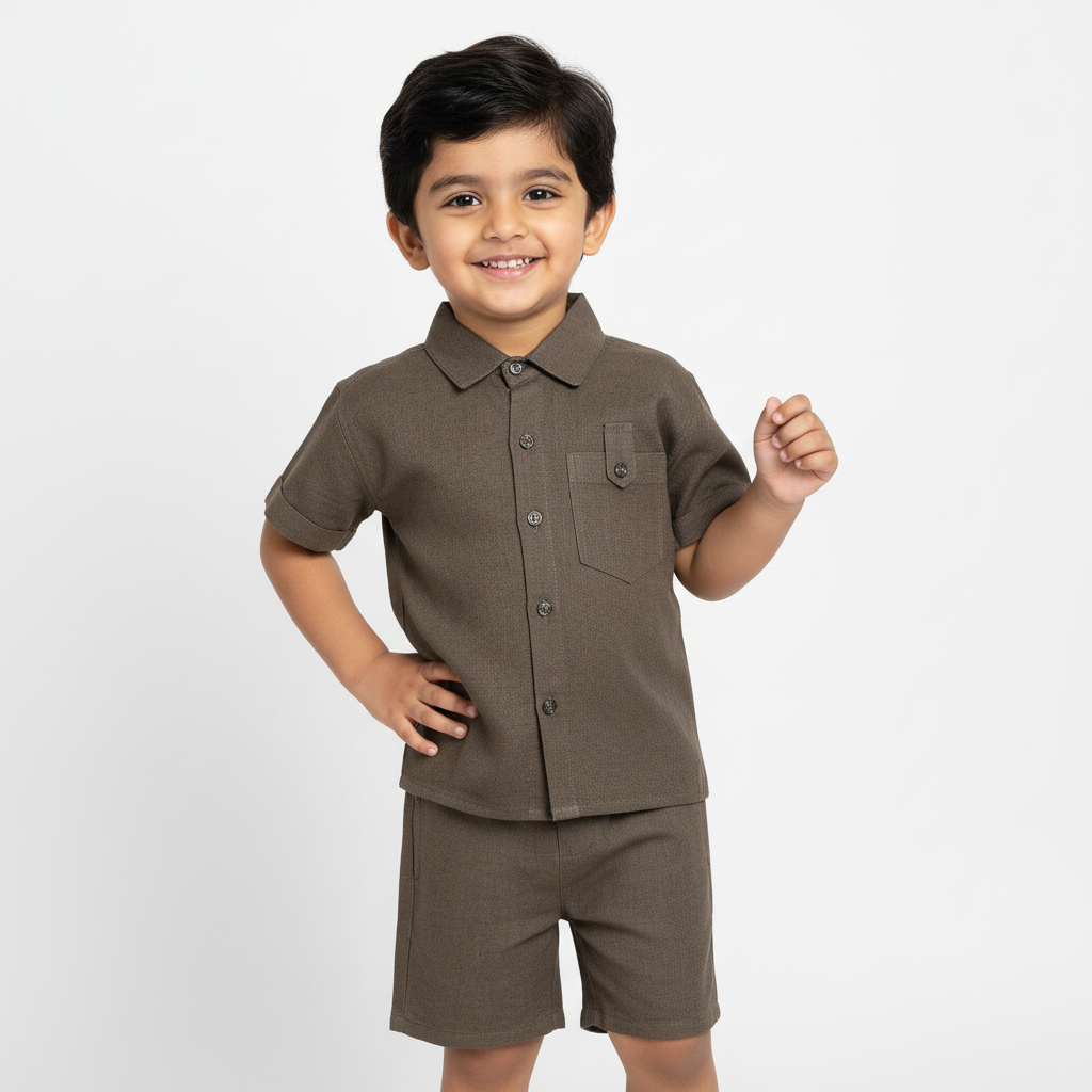 Half Sleeves Unisex Cotton Linen Shirt & Shorts Co-ord Set | Olive earth