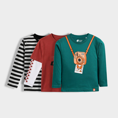 3 Pack Full Sleeves Unisex T-Shirts | Black Stripes, Fast Wheels, Mini Camera