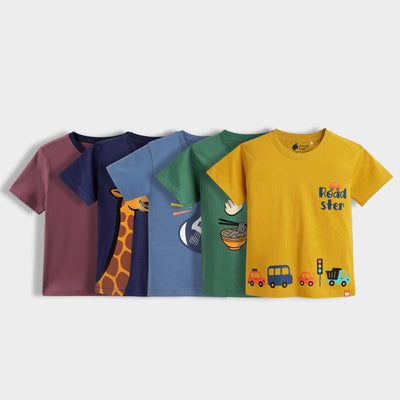 5 Pack Half Sleeves Unisex T-Shirts | Dusty Pink, Sporty Giraffe, Little Rockstar, Korea Love, Road Trip