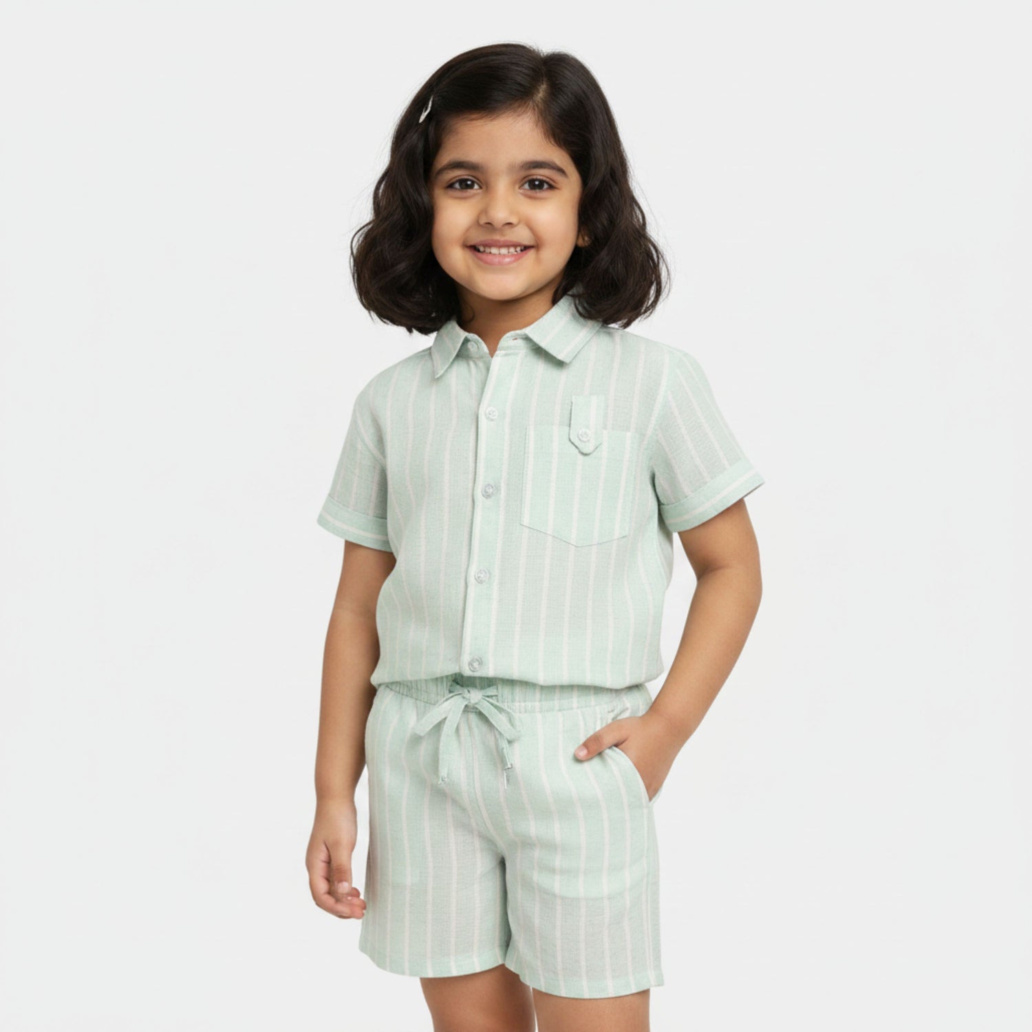 Half Sleeves Unisex Cotton Linen Shirt & Shorts Co-ord Set | Mint stripes