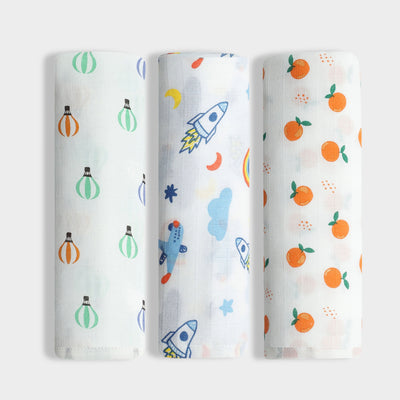 3 Pack Muslin Swaddle | Balloon Ride, Starry, Sweet Oranges