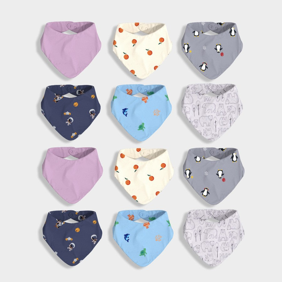 12 Pack Bandana Bib | Lavendar, Orange, Penguin, Space, Underwater, Bear