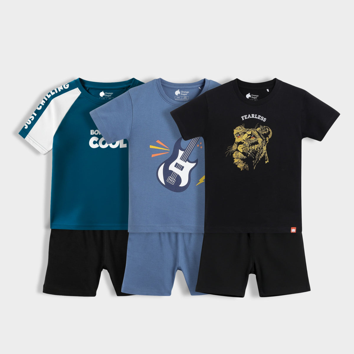 3 Pack T-Shirt & Shorts Unisex Co-ord Set | I Am Cool, Little Rockstar, Fearless Lion