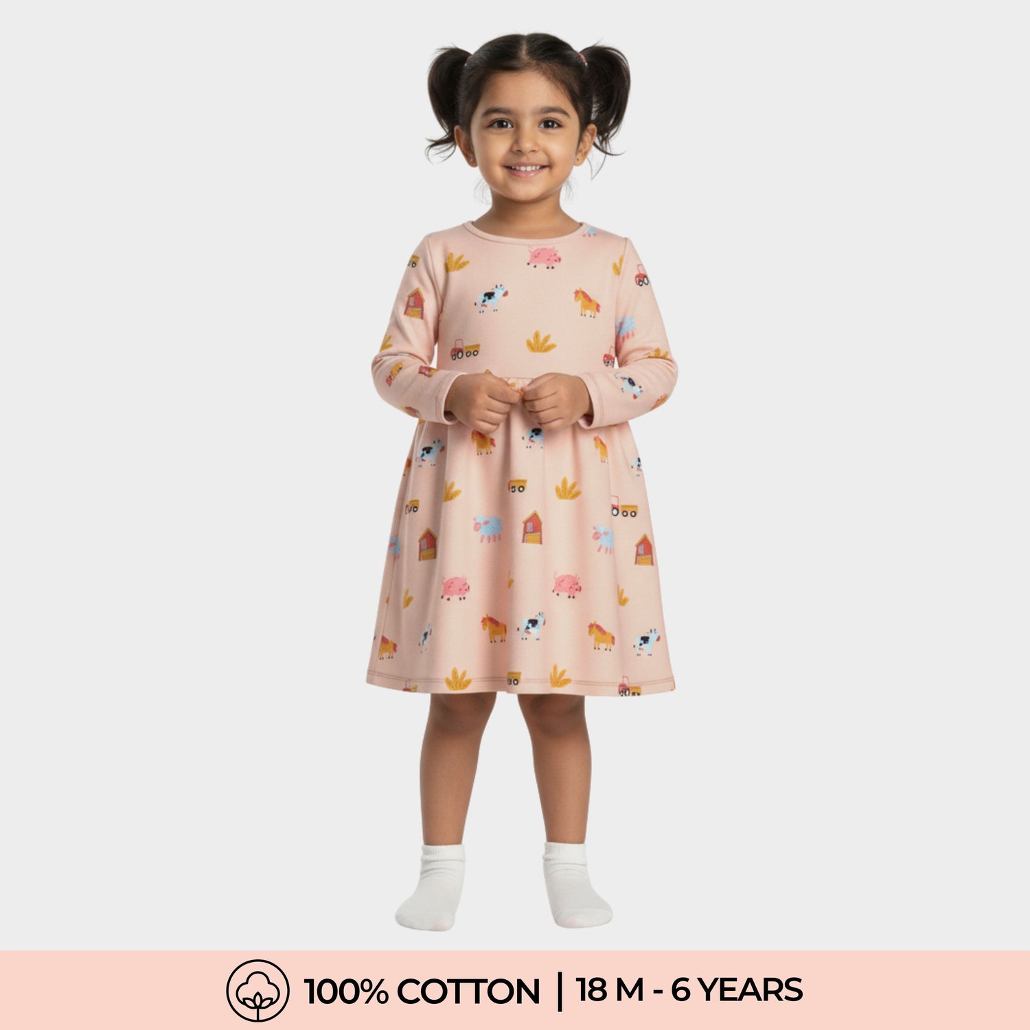 Long Sleeves Printed Dress | Farm Animals