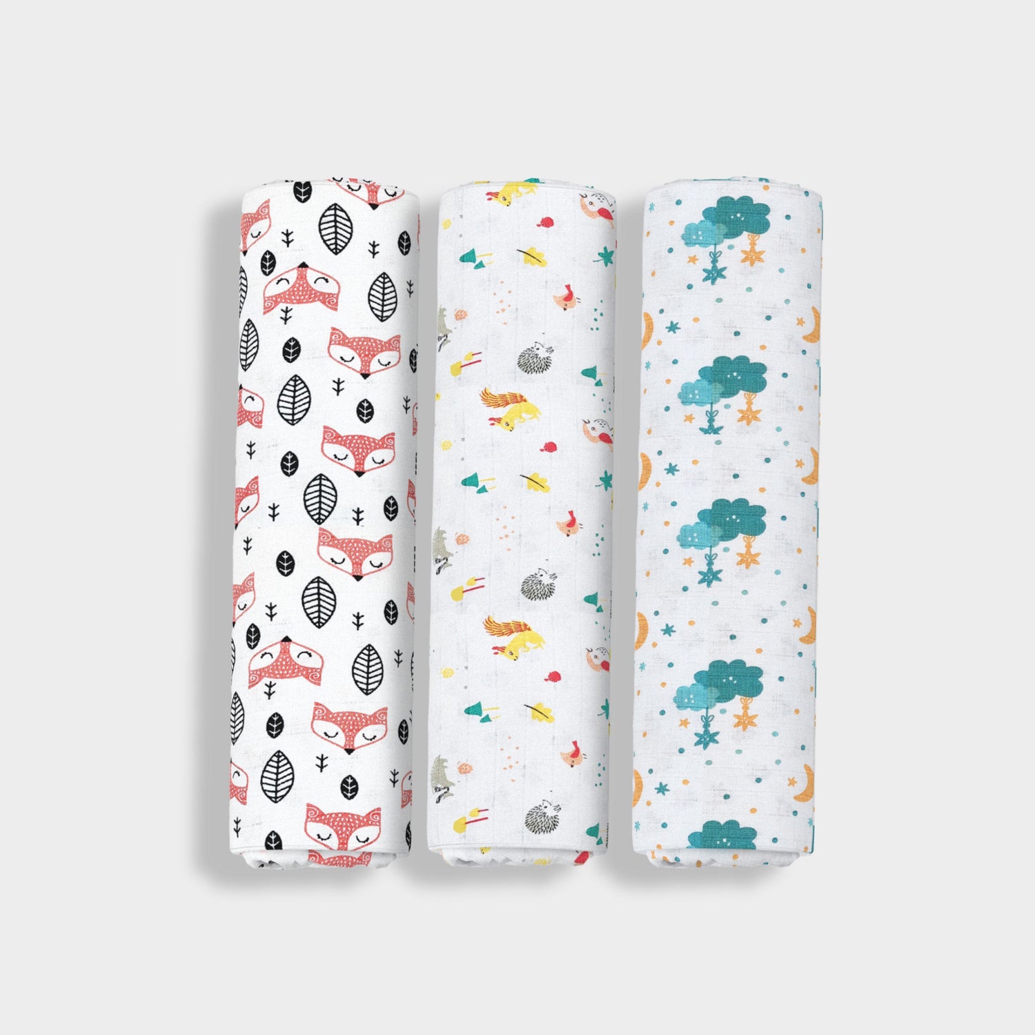 3 Pack Muslin Swaddle | Fox, Spikey, Half Moon