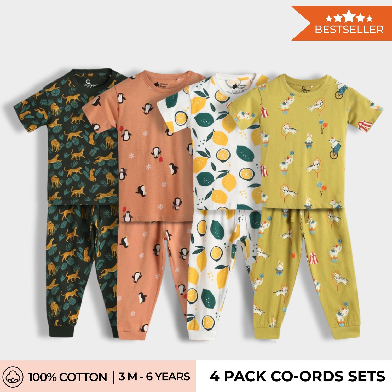 4 Pack Half Sleeves Unisex Co-ord Set | Circus, Lemon, Penguin Chill & Cheetah