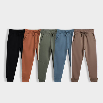 5 Pcs Cotton Joggers | Black, Brown, Colour Block Olive Green, Air Force Blue, Biscuit Brown