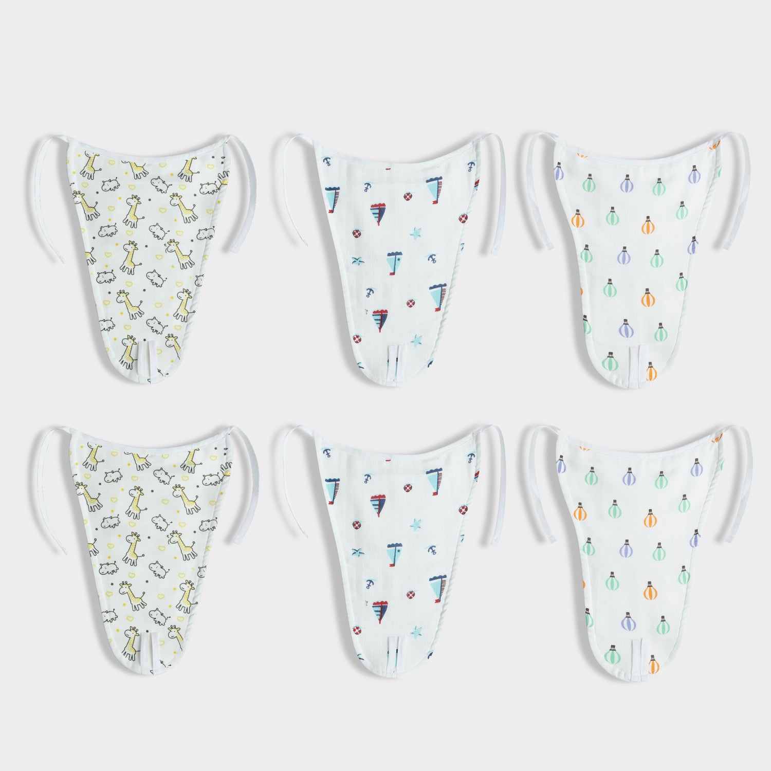 6 Pack Muslin Nappies | Jolly Giraffe, Little Sailor, Balloon Ride