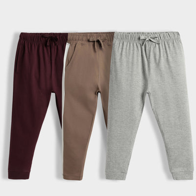 3 Pcs Cotton Joggers | Wine, Colour Block Biscuit, Melange Grey