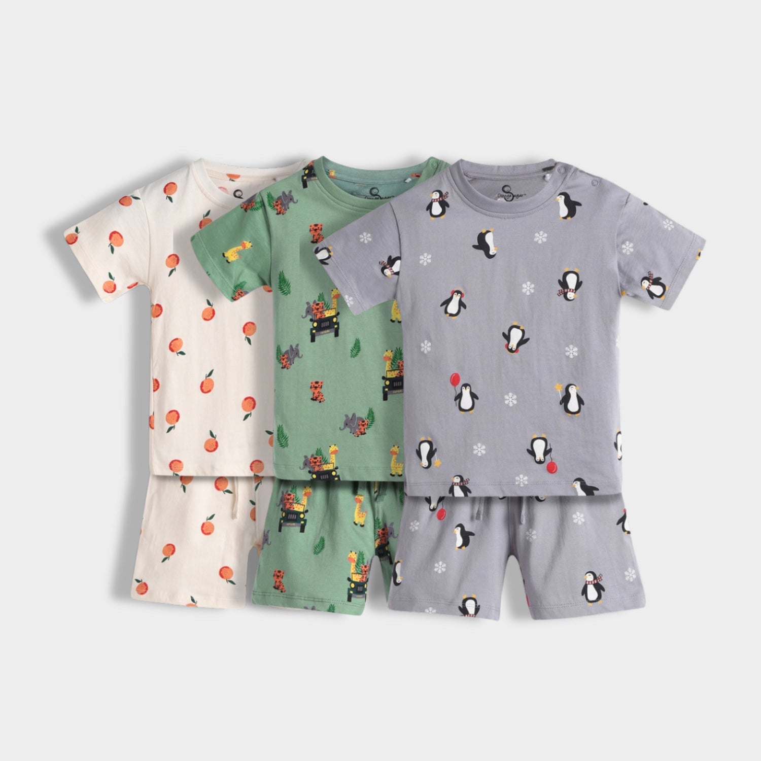 3 Pack T-Shirt & Shorts Unisex Co-ord Set | Jungle, Penguin & Orange