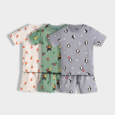 3 Pack T-Shirt & Shorts Unisex Co-ord Set | Jungle, Penguin & Orange