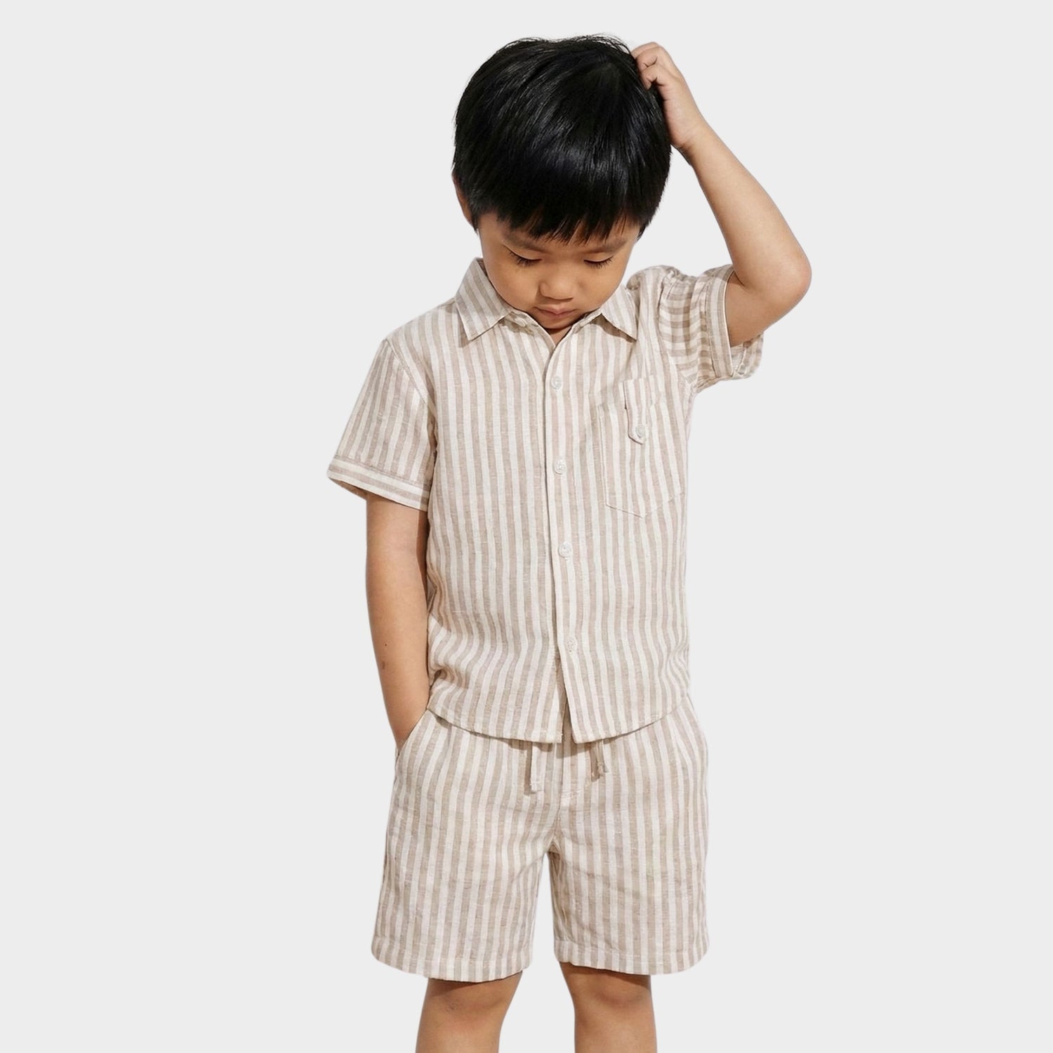 Half Sleeves Unisex Cotton Linen Shirt & Shorts Co-ord Set | Sand Dune stripes