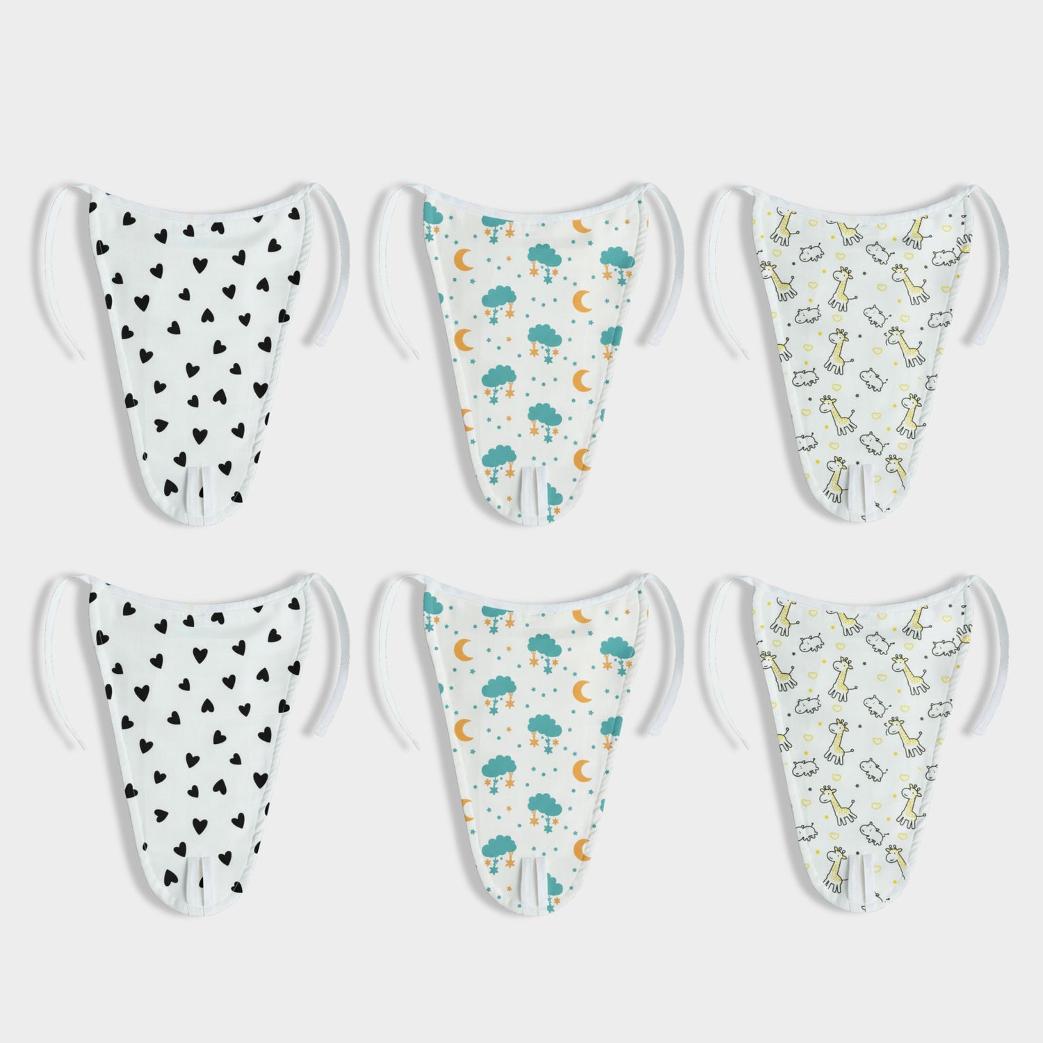 6 Pack Muslin Nappies | Black Heart, Half Moon, Jolly Giraffe