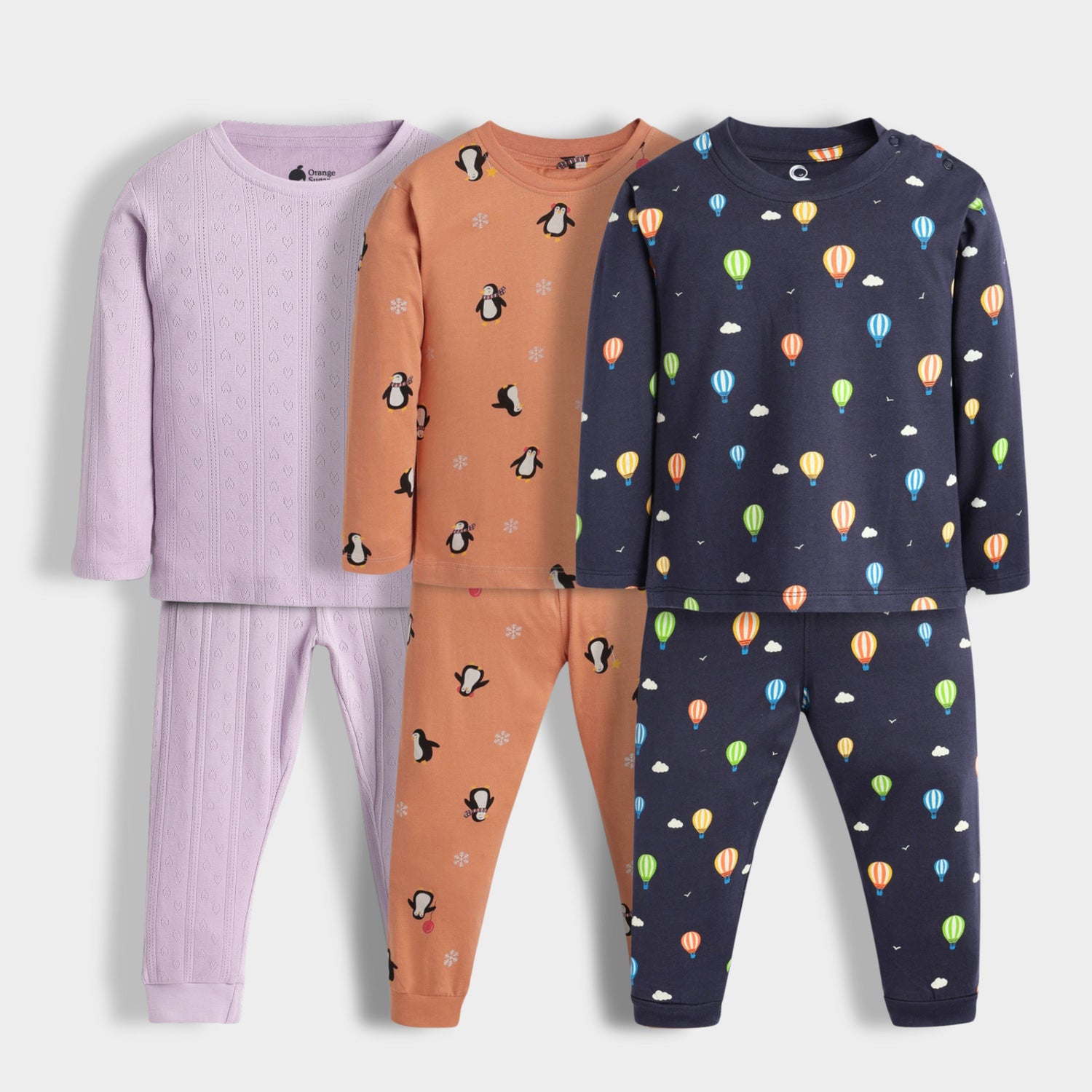 3 Pack Full Sleeves Unisex Co-ord Set | Pointelle Lavender, Penguin Chill, Hot Air