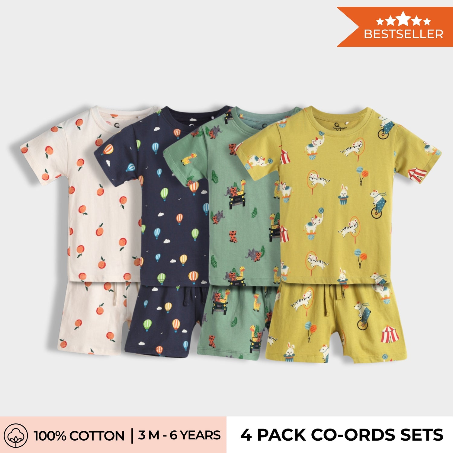 4 Pack T-Shirt & Shorts Unisex Co-ord Set | Hot Air, Jungle, Circus & Oranges