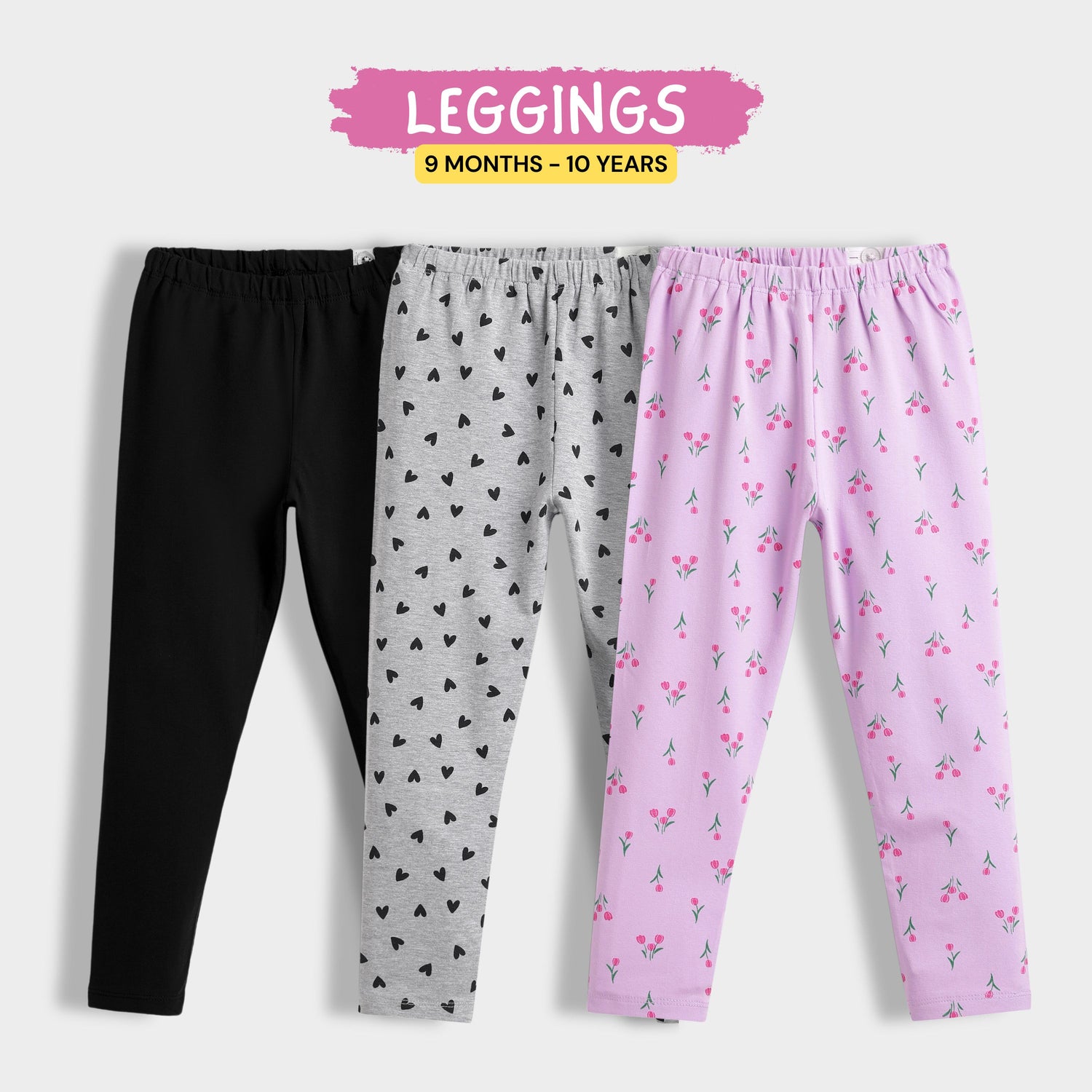 3 Pcs Leggings | Black, Grey Hearts, Light Lavender Tulips