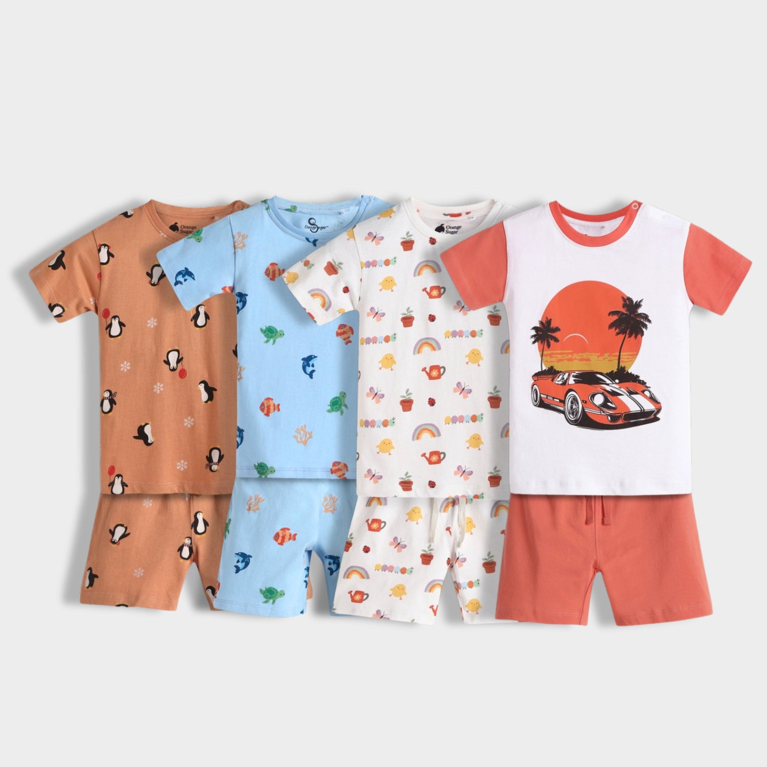 4 Pack T-Shirt & Shorts Unisex Co-ord Set | Penguin Chill, Underwater, Gardening, Car Ride
