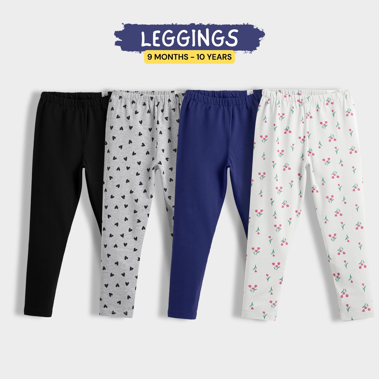 4 Pcs Leggings | Black, Grey Hearts, Royal Blue, White Tulips