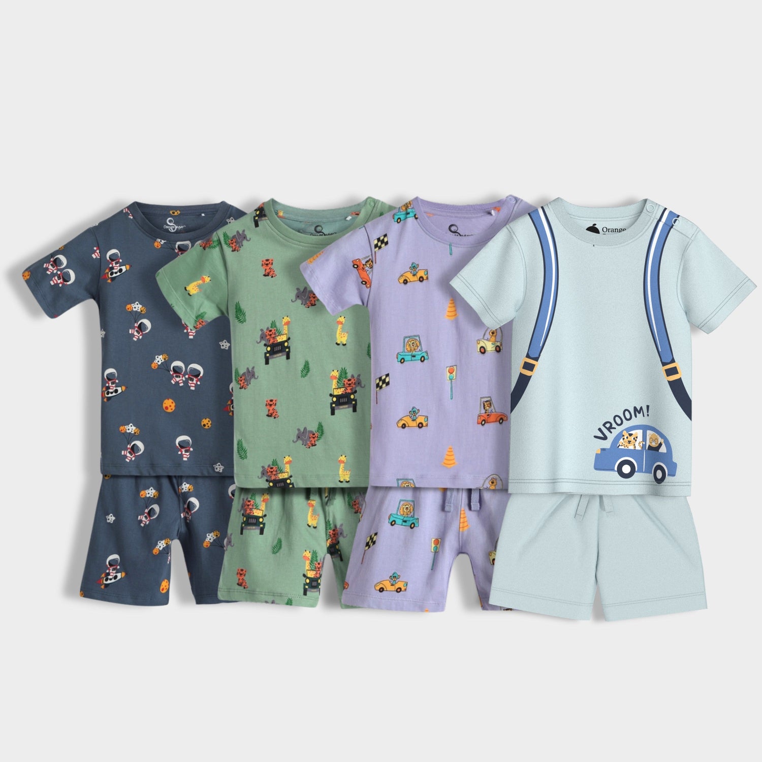 4 Pack T-Shirt & Shorts Unisex Co-ord Set | Space, Jungle, Cars, Back Pack